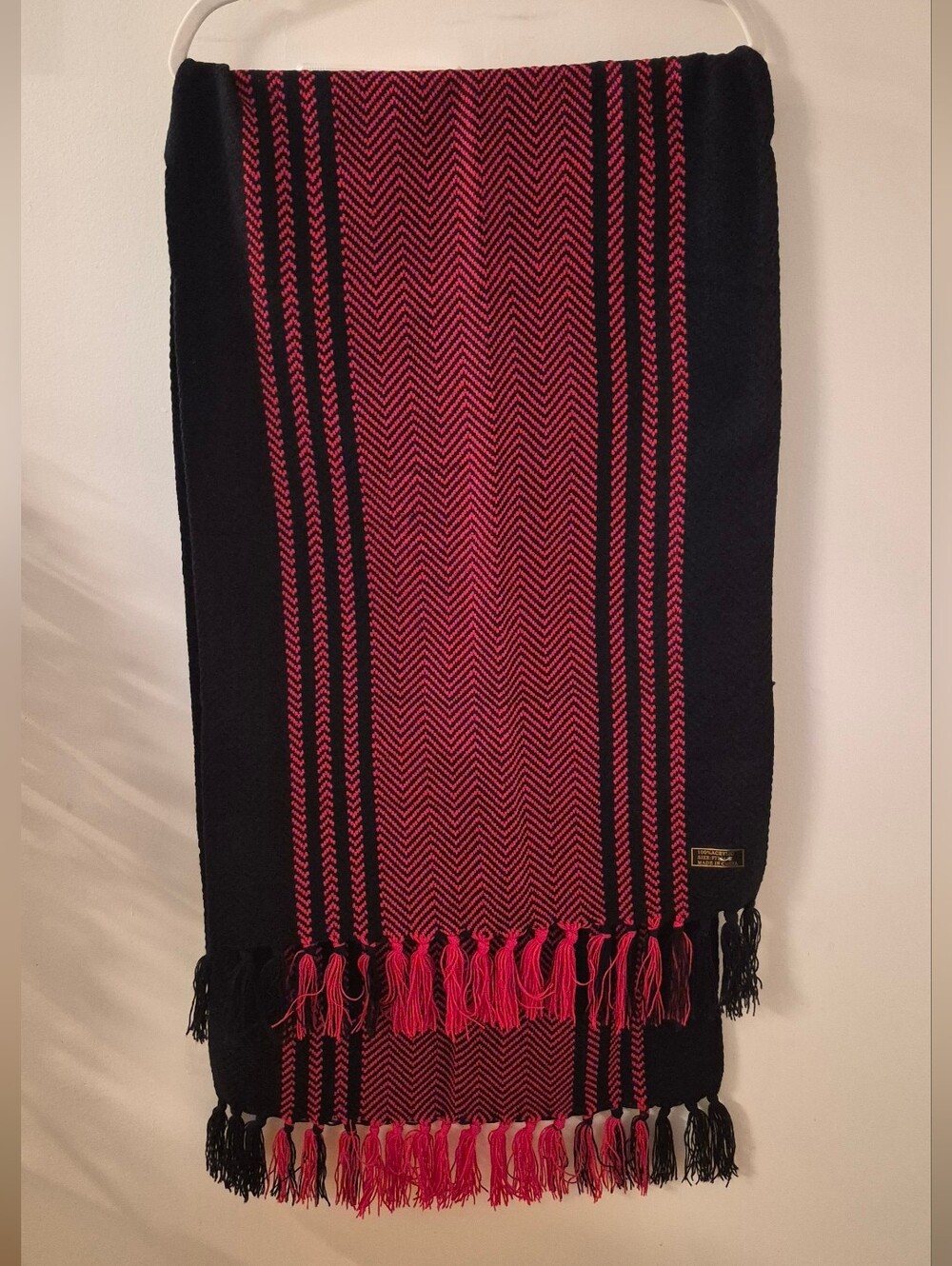 Striped Chevron Knit Scarf in Black and Red with Fringe